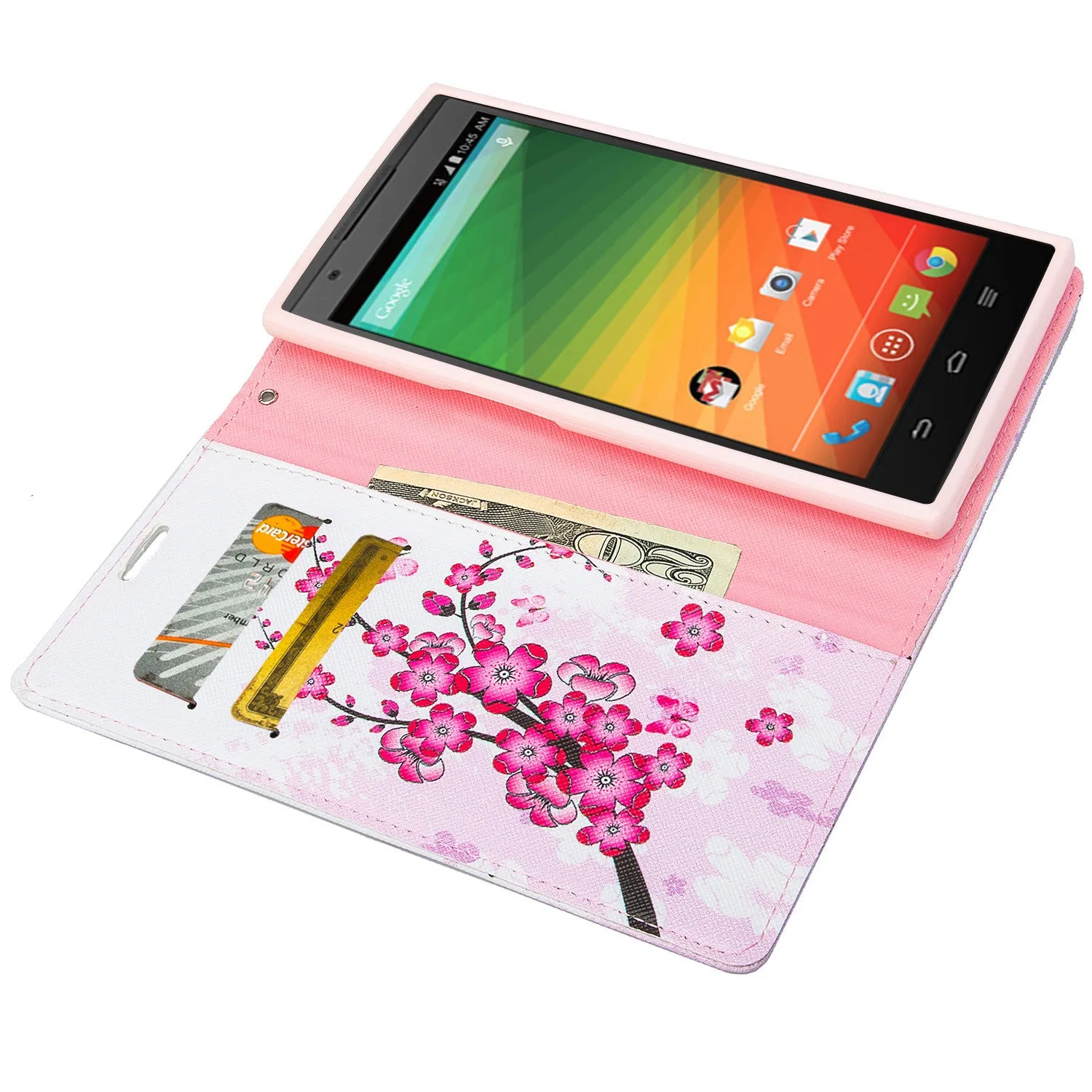 ZTE ZMAX Case, Wrist Strap Magnetic Fold[Kickstand] Pu Leather Wallet Case with ID & Credit Card Slots for ZTE ZMAX - Cherry Blossom