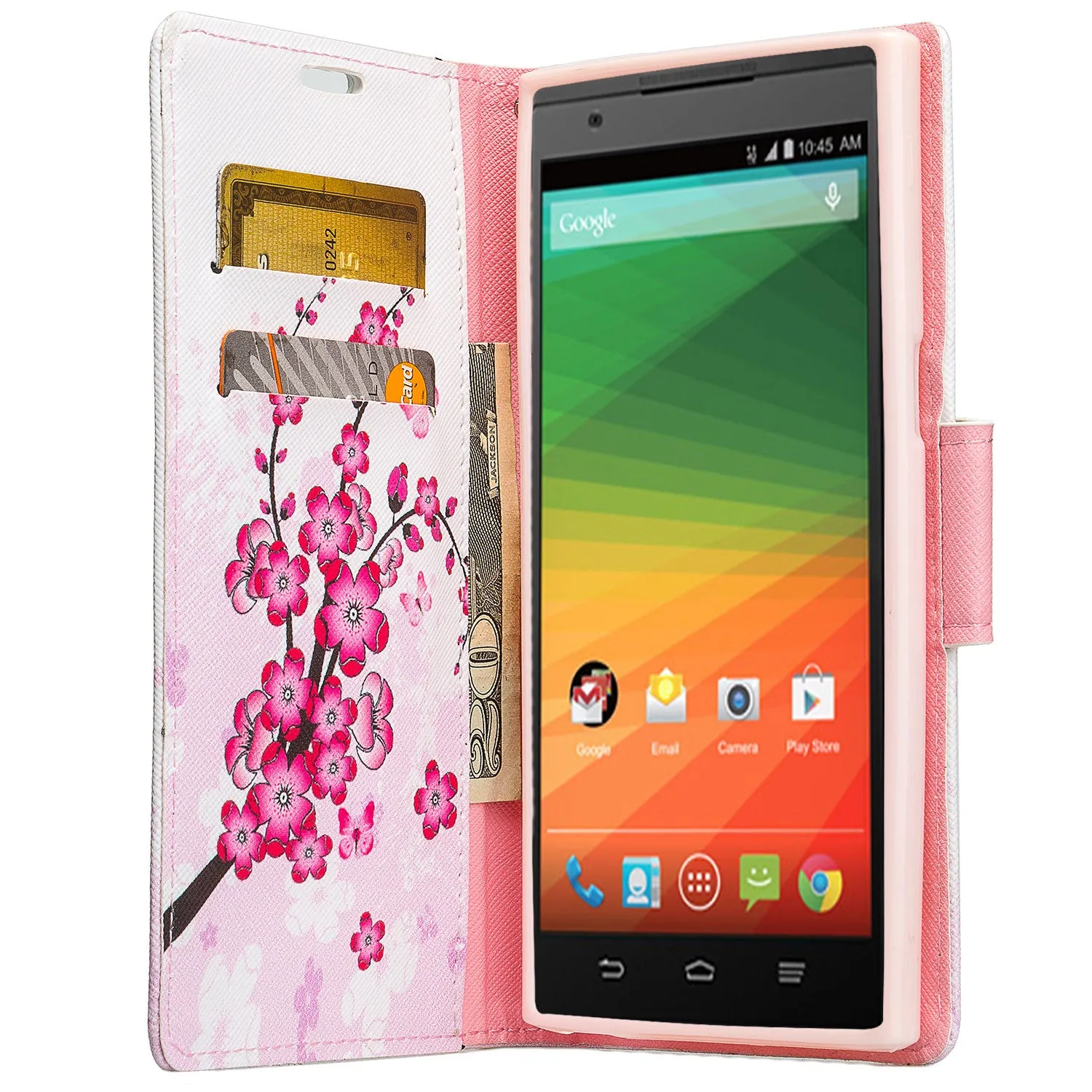 ZTE ZMAX Case, Wrist Strap Magnetic Fold[Kickstand] Pu Leather Wallet Case with ID & Credit Card Slots for ZTE ZMAX - Cherry Blossom