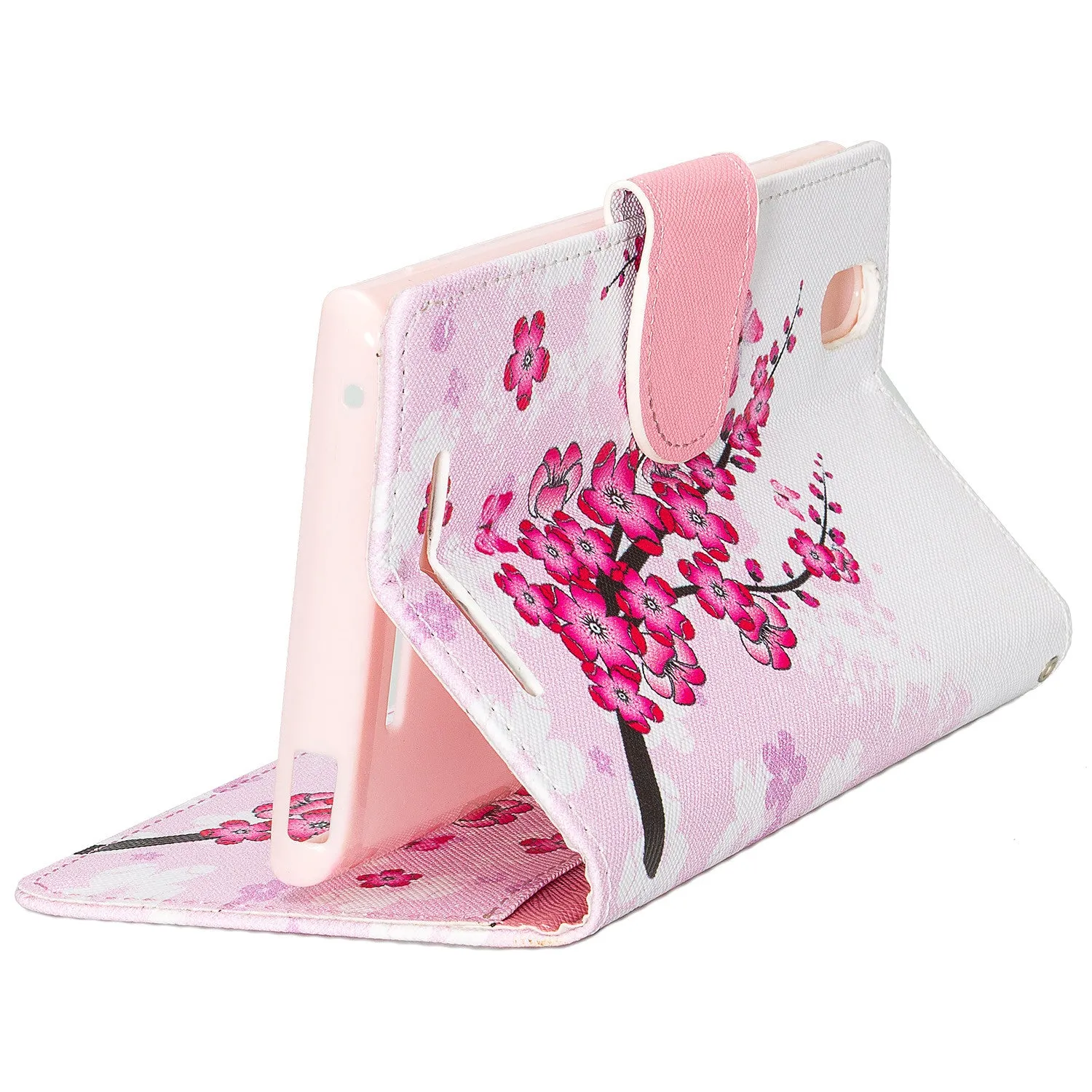 ZTE ZMAX Case, Wrist Strap Magnetic Fold[Kickstand] Pu Leather Wallet Case with ID & Credit Card Slots for ZTE ZMAX - Cherry Blossom